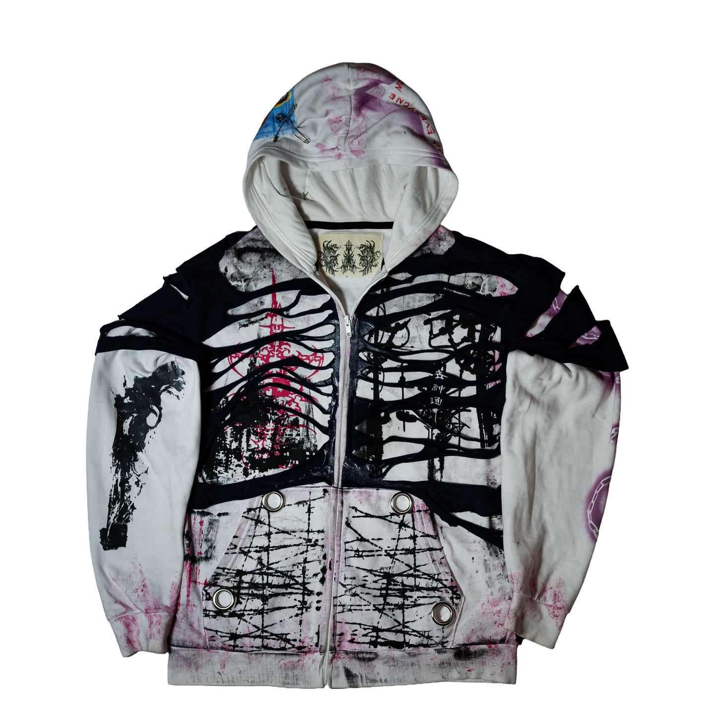G.I.G ''Flamingo'' Distressed Zip Hoodie — One of One (Black/White/Pink)