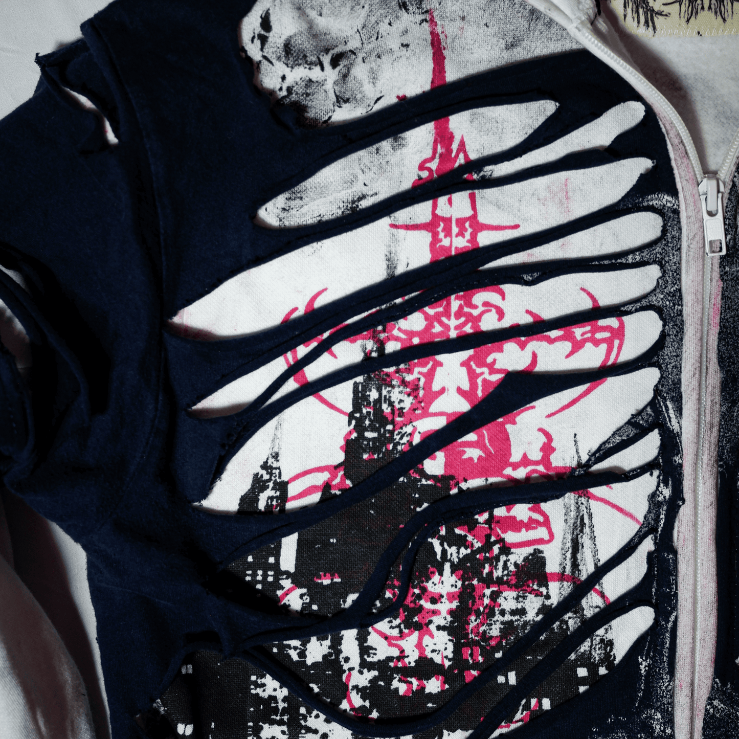 G.I.G ''Flamingo'' Distressed Zip Hoodie — One of One (Black/White/Pink)
