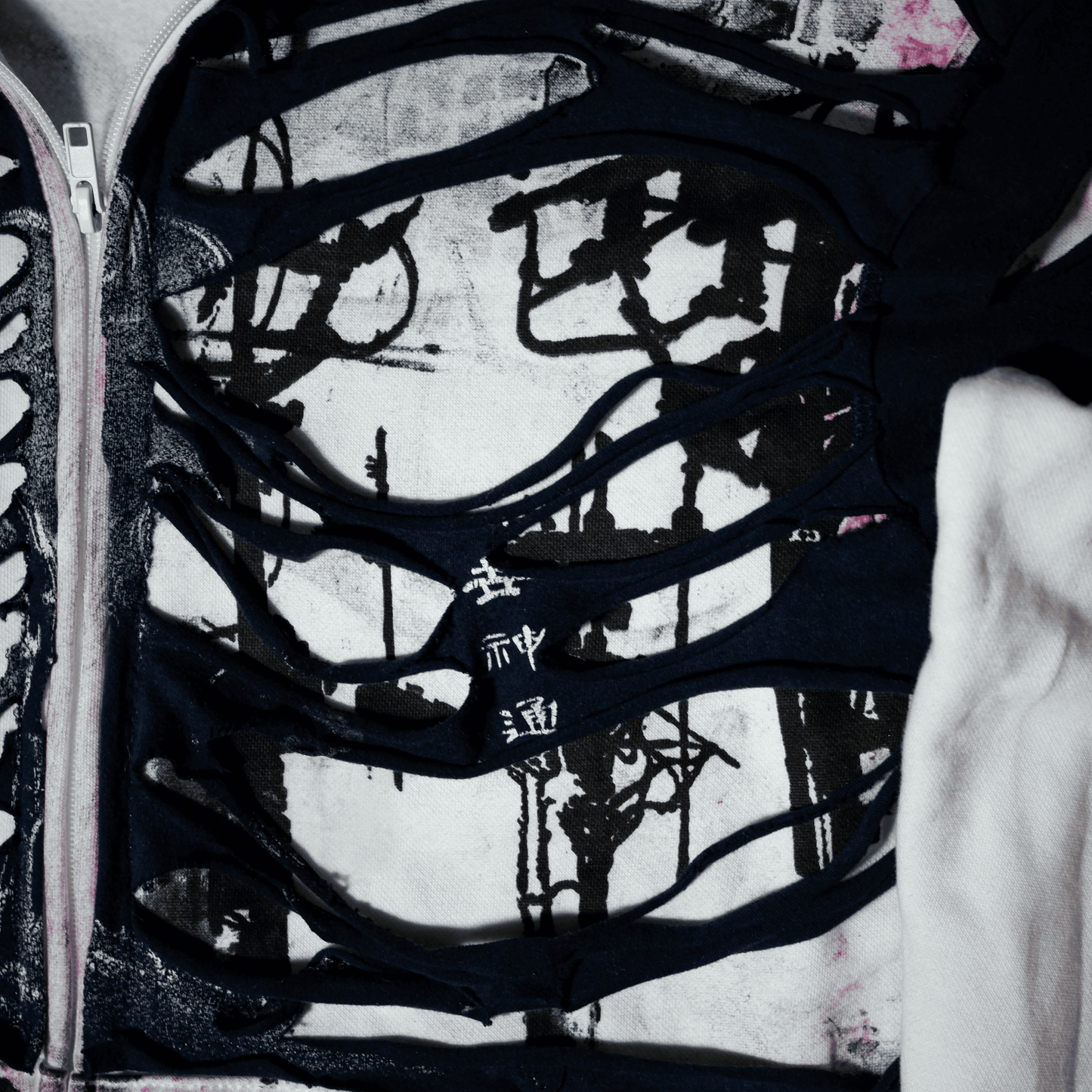 G.I.G ''Flamingo'' Distressed Zip Hoodie — One of One (Black/White/Pink)