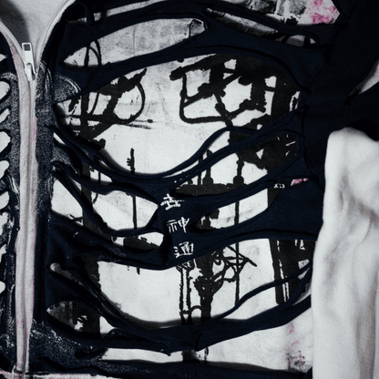 G.I.G ''Flamingo'' Distressed Zip Hoodie — One of One (Black/White/Pink)